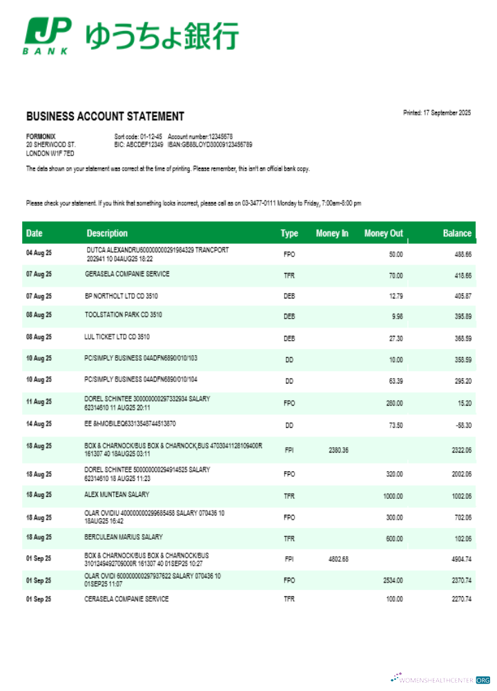 Download Japan Post Bank organization checking account statement Word and PDF format Photoshop template
